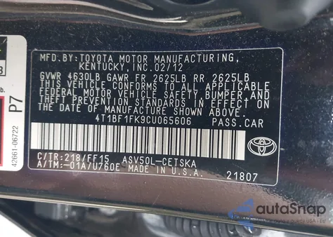 2012 Toyota Camry Se из США, поврежденный, VIN 4T1BF1FK9CU065606